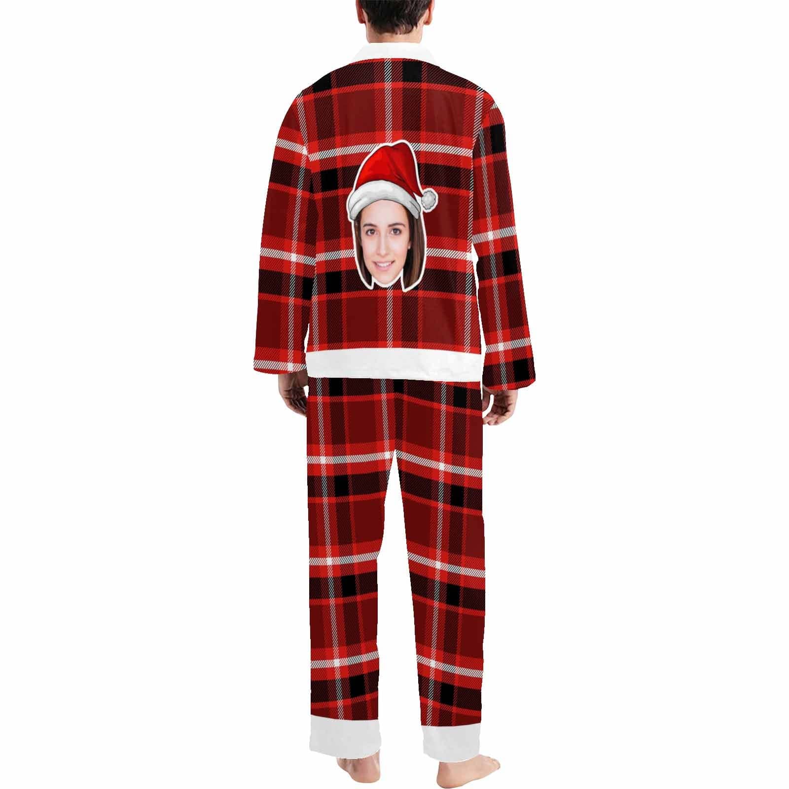 Custom Custom Big Face Christmas Hat Sleepwear Couple Matching V-Neck Long Pajama Set Best Christmas Gift - YesCustom