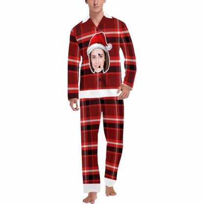 Custom Custom Big Face Christmas Hat Sleepwear Couple Matching V-Neck Long Pajama Set Best Christmas Gift - YesCustom