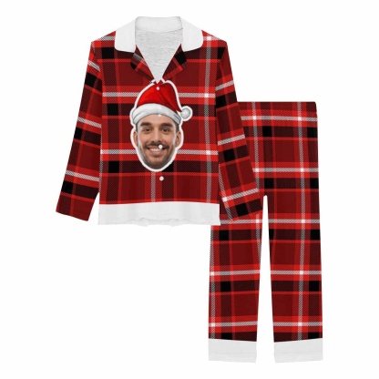 Custom Custom Big Face Christmas Hat Sleepwear Couple Matching V-Neck Long Pajama Set Best Christmas Gift - YesCustom