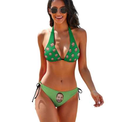 Custom Custom Big Face Deep V Neck Bikini Set Halter Tie Side Low Waisted Triangle Bikini Personalized Bathing Suit - YesCustom