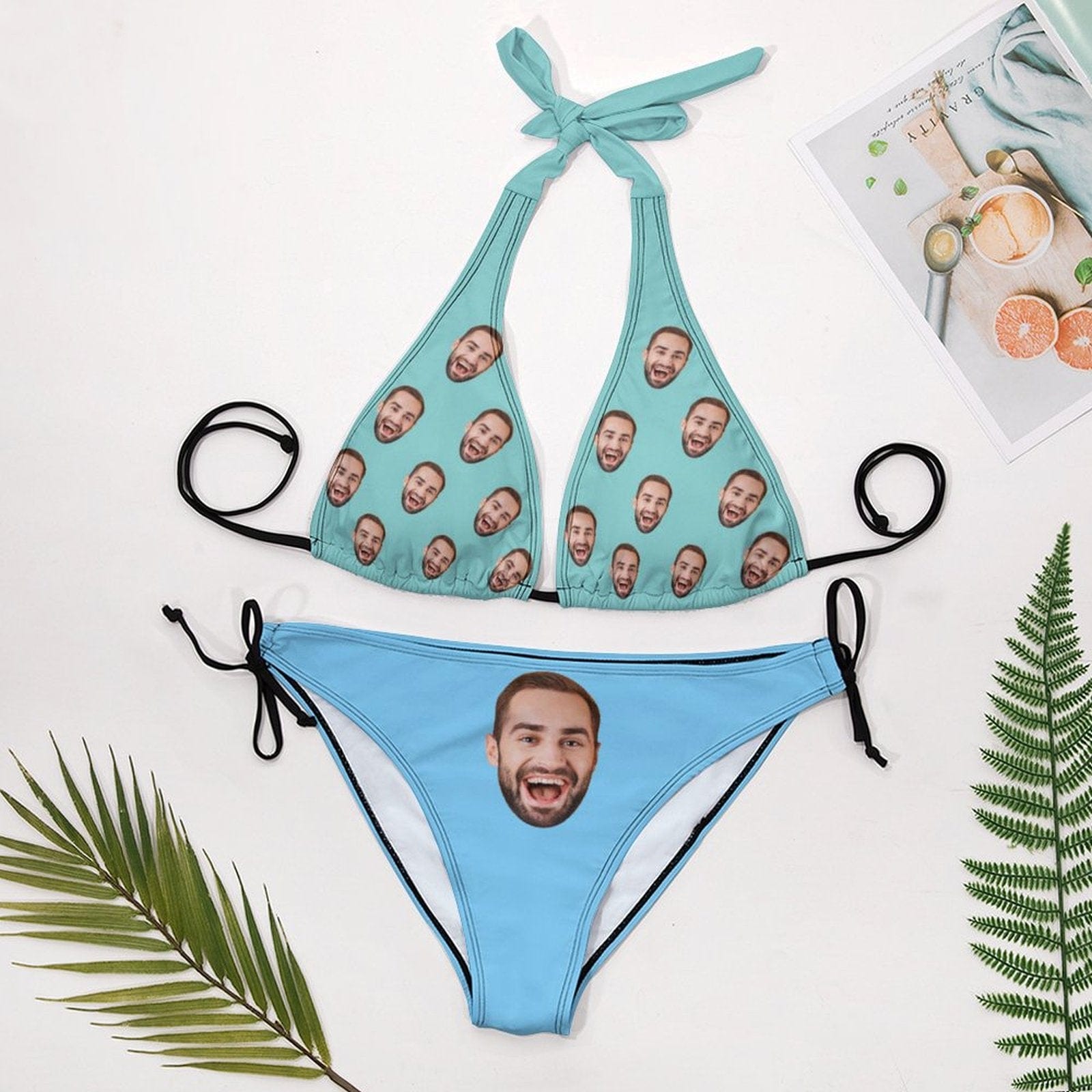 Custom Custom Big Face Deep V Neck Bikini Set Halter Tie Side Low Waisted Triangle Bikini Personalized Bathing Suit - YesCustom