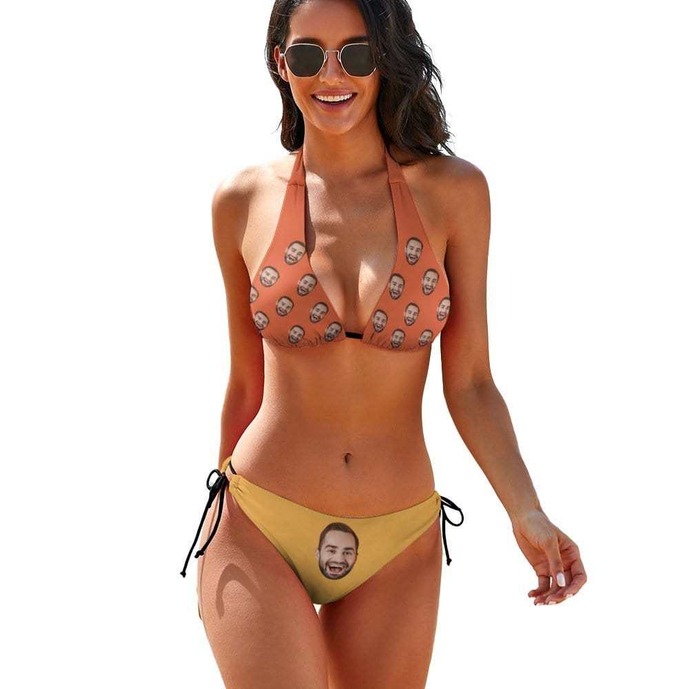 Custom Custom Big Face Deep V Neck Bikini Set Halter Tie Side Low Waisted Triangle Bikini Personalized Bathing Suit - YesCustom
