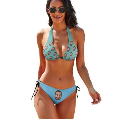 Custom Custom Big Face Deep V Neck Bikini Set Halter Tie Side Low Waisted Triangle Bikini Personalized Bathing Suit - YesCustom