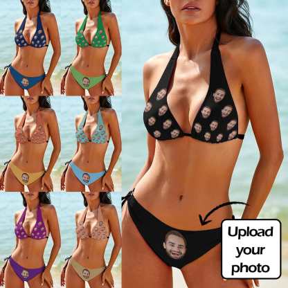 Custom Custom Big Face Deep V Neck Bikini Set Halter Tie Side Low Waisted Triangle Bikini Personalized Bathing Suit - YesCustom