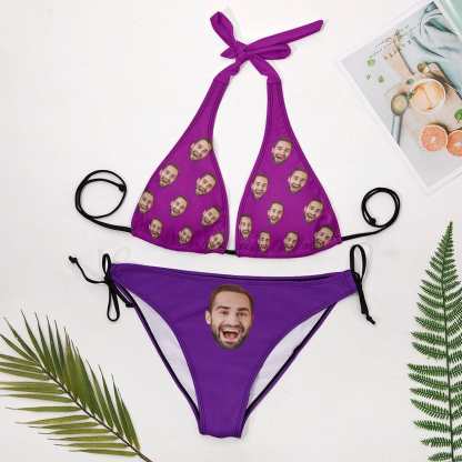 Custom Custom Big Face Deep V Neck Bikini Set Halter Tie Side Low Waisted Triangle Bikini Personalized Bathing Suit - YesCustom