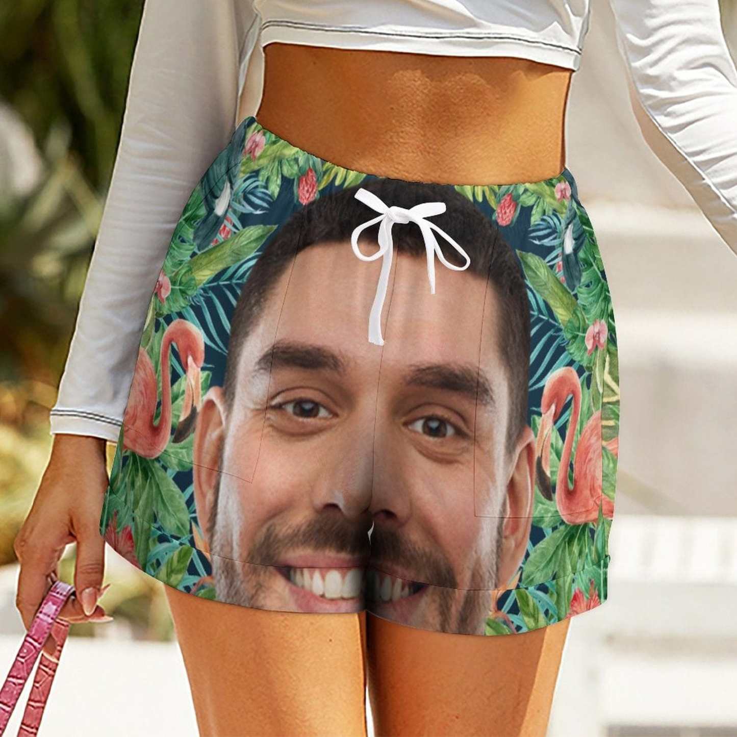 Custom Custom Big Face Flamingo Women High Waist Shorts Hot Short Pants Casual Loose Shorts Beachwear for Women Fitness Running Trousers - YesCustom