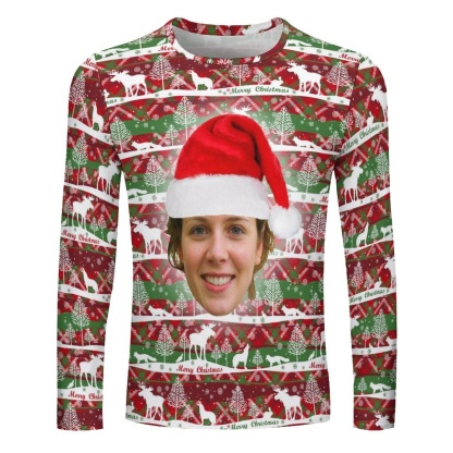 Custom Custom Big Face Full Print Long Sleeve T-Shirt with Red Hat Christmas Pattern Create Your Own Personalized Couple All Over Print T-shirt - YesCustom
