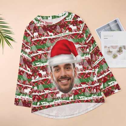 Custom Custom Big Face Full Print Long Sleeve T-Shirt with Red Hat Christmas Pattern Create Your Own Personalized Couple All Over Print T-shirt - YesCustom