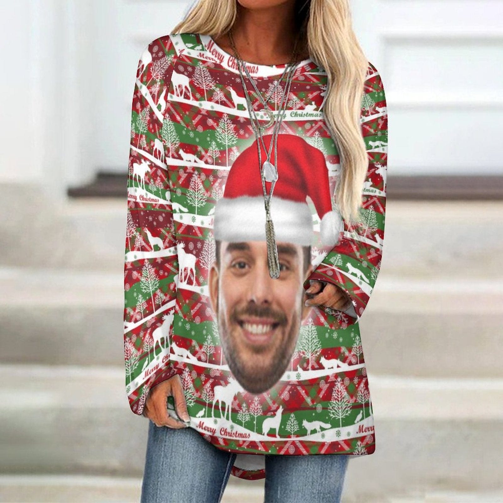 Custom Custom Big Face Full Print Long Sleeve T-Shirt with Red Hat Christmas Pattern Create Your Own Personalized Couple All Over Print T-shirt - YesCustom