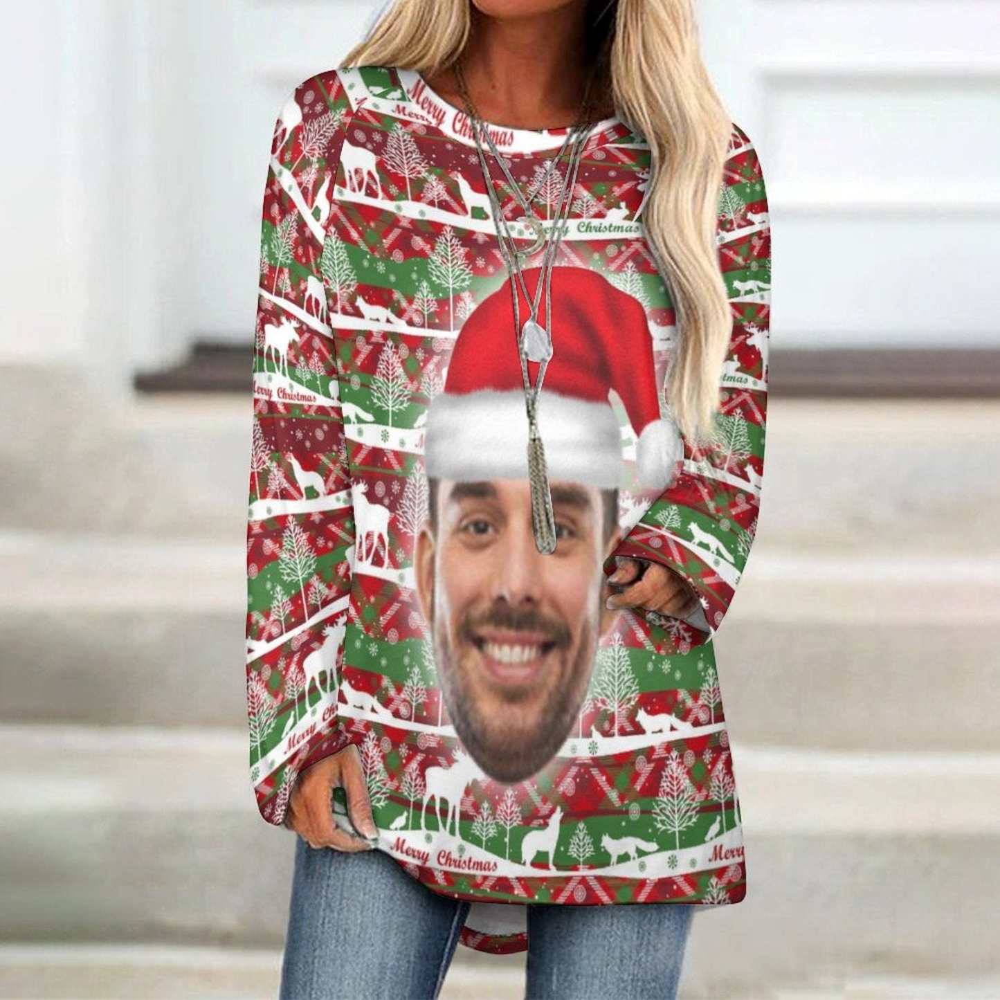 Custom Custom Big Face Full Print Long Sleeve T-Shirt with Red Hat Christmas Pattern Create Your Own Personalized Couple All Over Print T-shirt - YesCustom