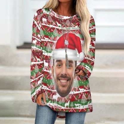 Custom Custom Big Face Full Print Long Sleeve T-Shirt with Red Hat Christmas Pattern Create Your Own Personalized Couple All Over Print T-shirt - YesCustom