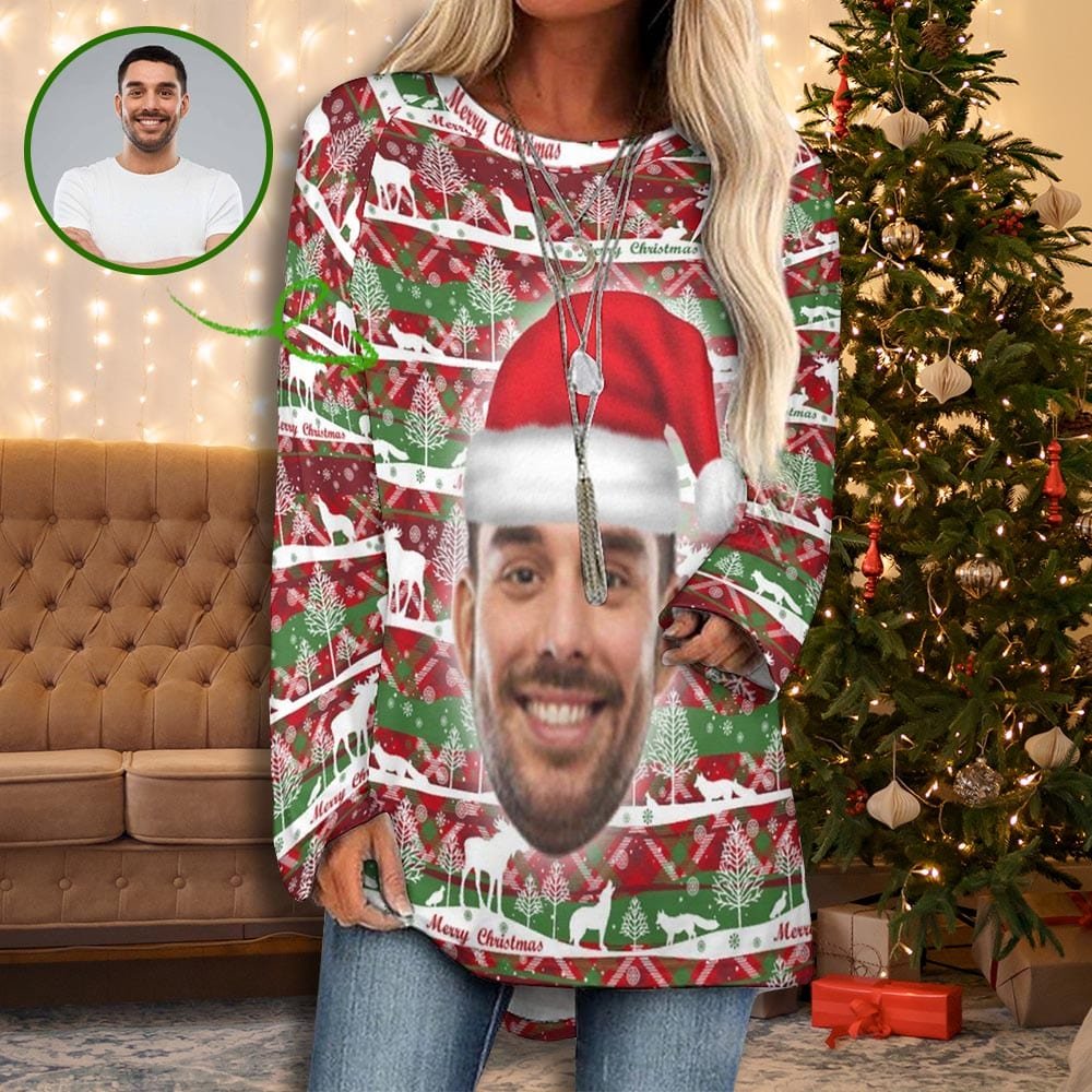 Custom Custom Big Face Full Print Long Sleeve T-Shirt with Red Hat Christmas Pattern Create Your Own Personalized Couple All Over Print T-shirt - YesCustom
