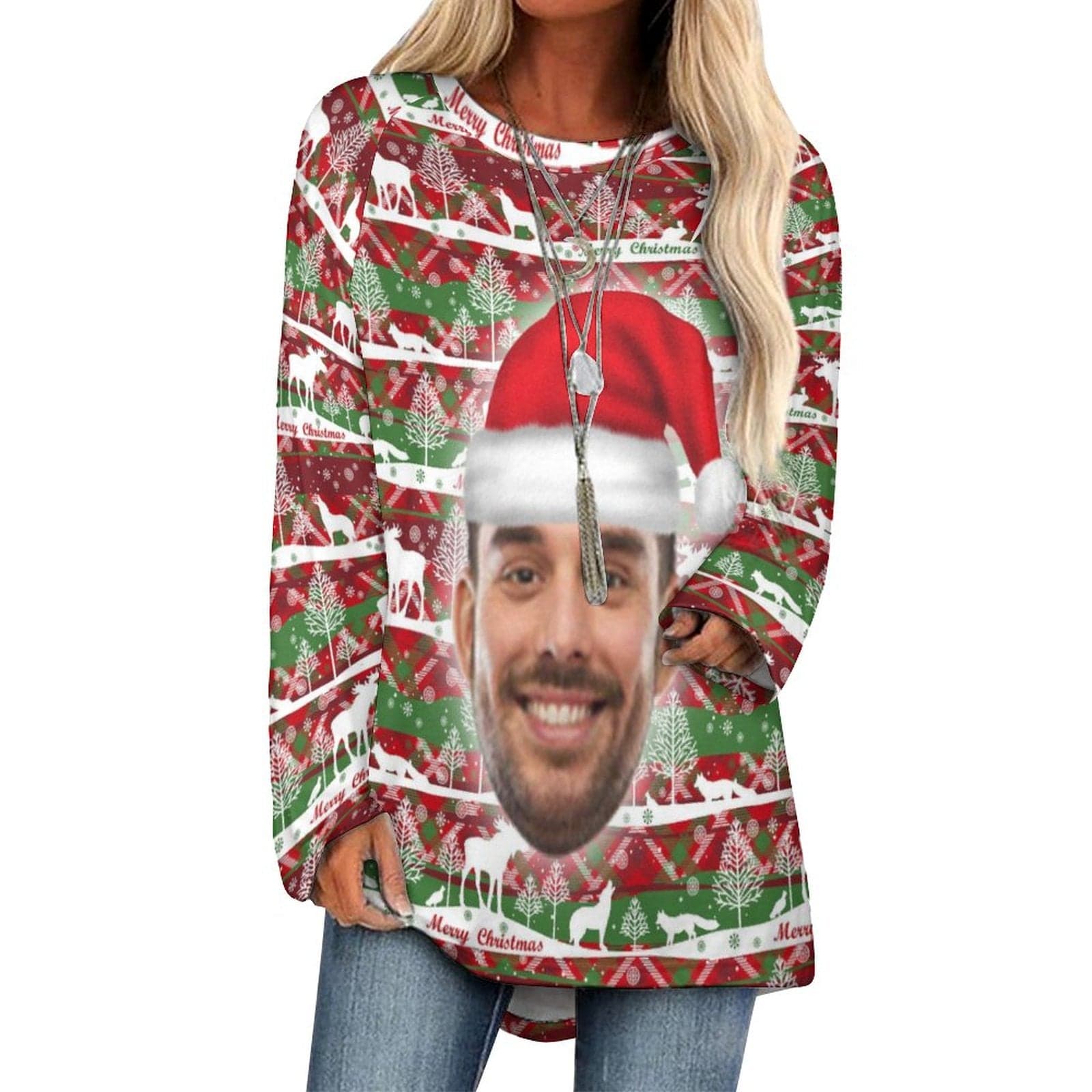 Custom Custom Big Face Full Print Long Sleeve T-Shirt with Red Hat Christmas Pattern Create Your Own Personalized Couple All Over Print T-shirt - YesCustom