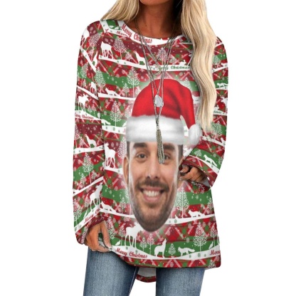 Custom Custom Big Face Full Print Long Sleeve T-Shirt with Red Hat Christmas Pattern Create Your Own Personalized Couple All Over Print T-shirt - YesCustom