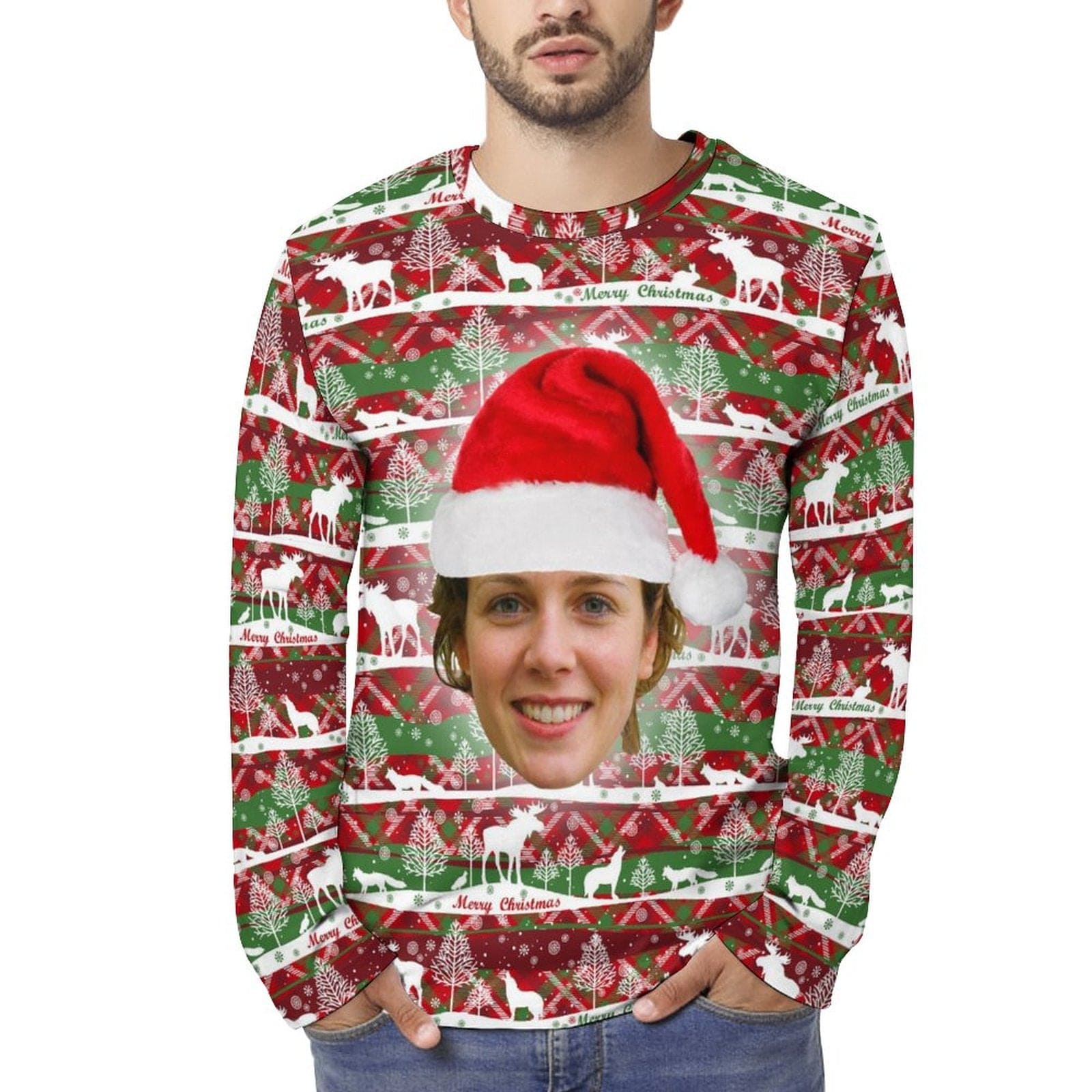 Custom Custom Big Face Full Print Long Sleeve T-Shirt with Red Hat Christmas Pattern Create Your Own Personalized Couple All Over Print T-shirt - YesCustom