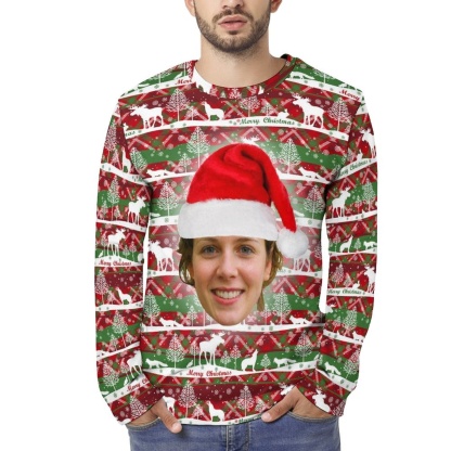 Custom Custom Big Face Full Print Long Sleeve T-Shirt with Red Hat Christmas Pattern Create Your Own Personalized Couple All Over Print T-shirt - YesCustom