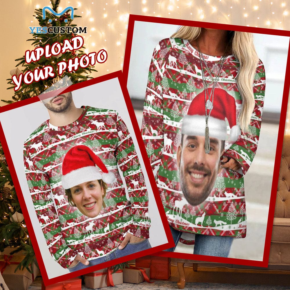 Custom Custom Big Face Full Print Long Sleeve T-Shirt with Red Hat Christmas Pattern Create Your Own Personalized Couple All Over Print T-shirt - YesCustom