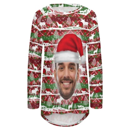 Custom Custom Big Face Full Print Long Sleeve T-Shirt with Red Hat Christmas Pattern Create Your Own Personalized Couple All Over Print T-shirt - YesCustom