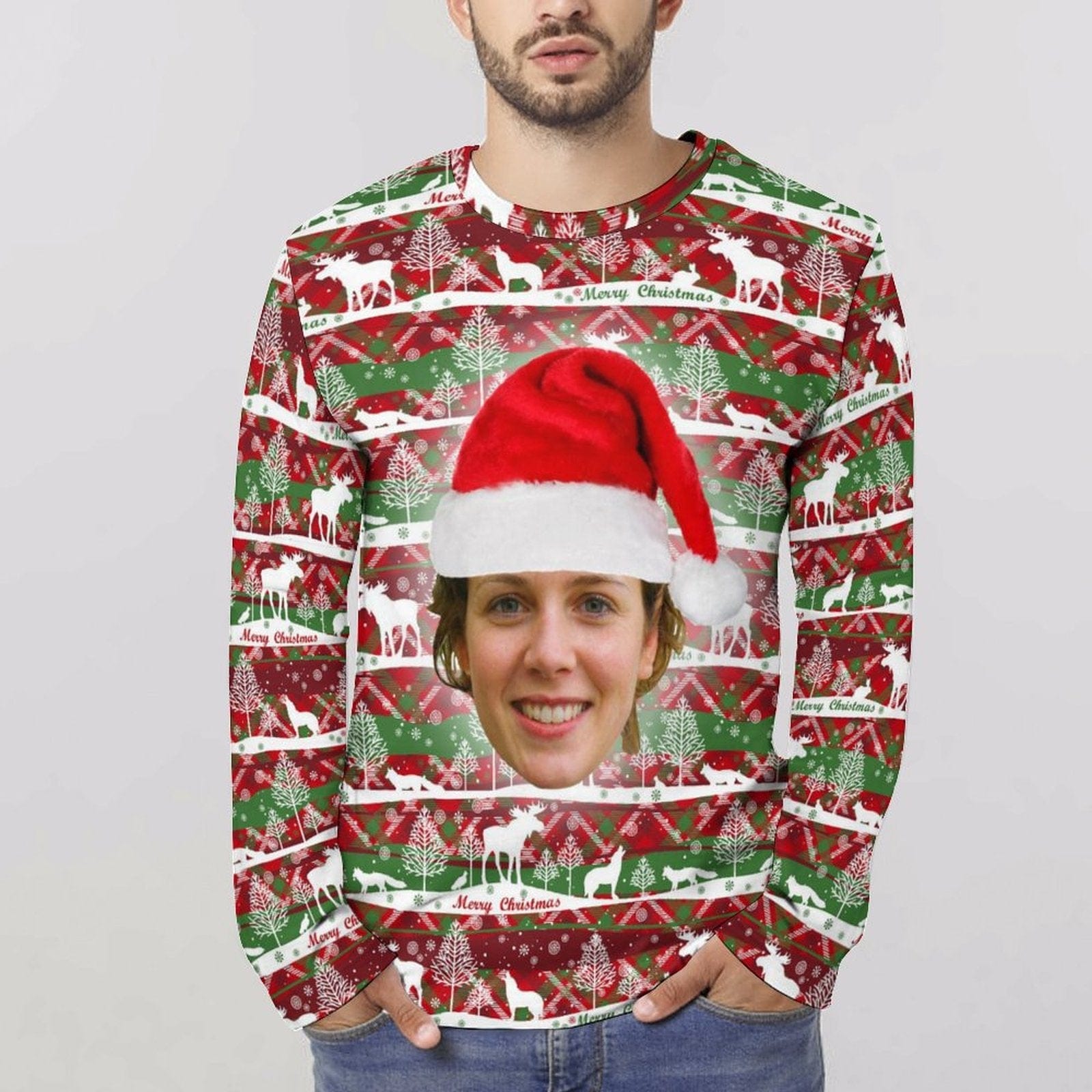 Custom Custom Big Face Full Print Long Sleeve T-Shirt with Red Hat Christmas Pattern Create Your Own Personalized Couple All Over Print T-shirt - YesCustom