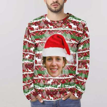 Custom Custom Big Face Full Print Long Sleeve T-Shirt with Red Hat Christmas Pattern Create Your Own Personalized Couple All Over Print T-shirt - YesCustom