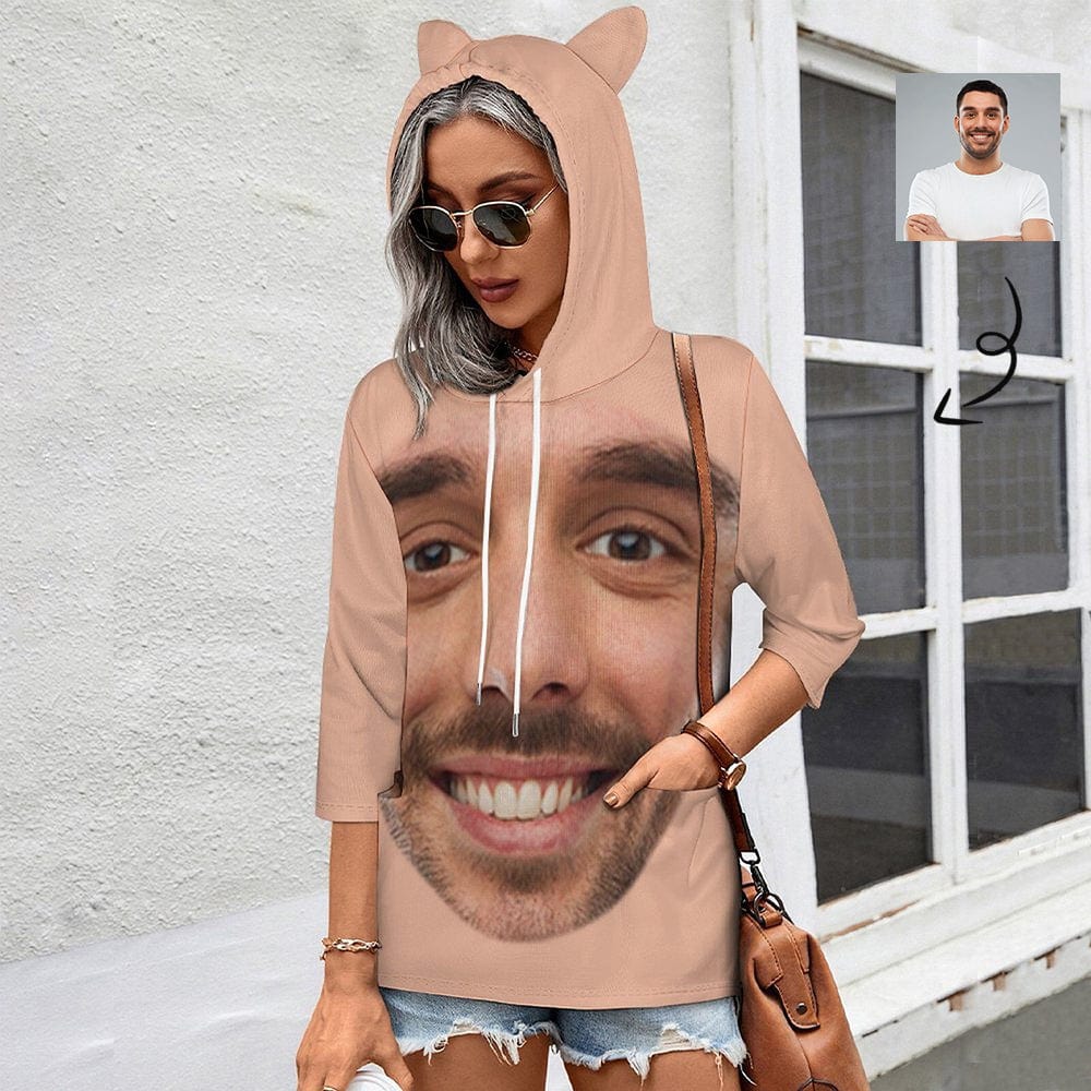 Custom Custom Big Face Hoodie Three Quarter Sleeve Cool Hoodie Designs Women's Cat Ear Hooded Pullover - YesCustom