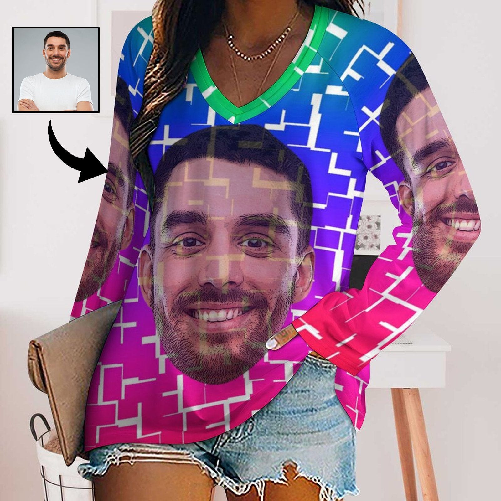 Custom Custom Big Face Long Sleeves Shirt Women's Personalized Colorful Puzzle Loose Tops - YesCustom