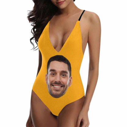Custom Custom Big Face Multicolor Women's Lacing Backless One Piece Swimsuit - YesCustom