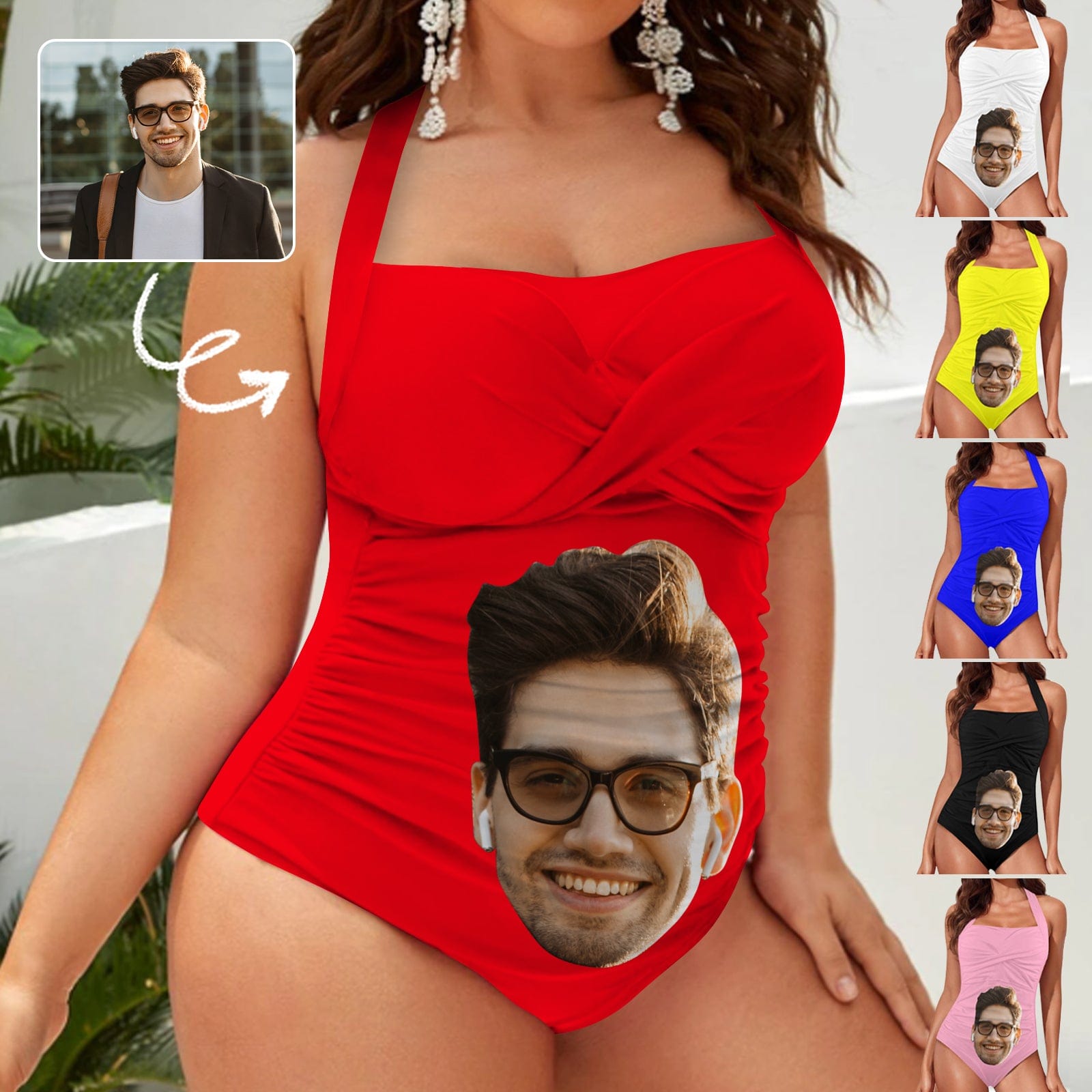 Custom Big Face Multiple Colors Women's Ruched Push Up Halter Swimsuit Personalized One Piece Bathing Suits - YesCustom