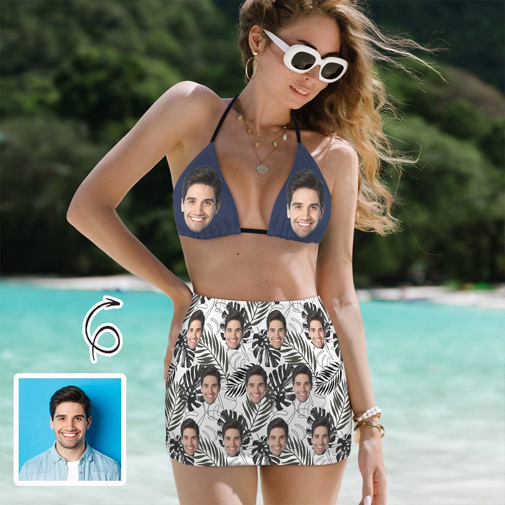 Custom Big Face Summer Leaves Bikini Set Personalized Halterneck String Three-Pieces Bikini Skirts Set - YesCustom