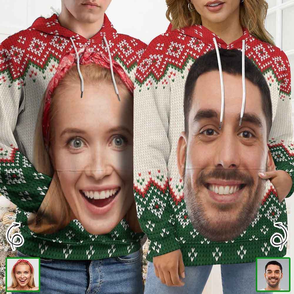 Custom Big Face Ugly Christmas Red&Green Hoodie Unisex Personalized Loose Hoodie Top Outfits - YesCustom