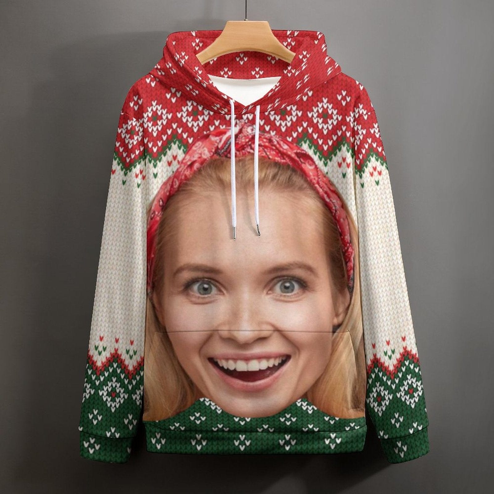 Custom Big Face Ugly Christmas Red&Green Hoodie Unisex Personalized Loose Hoodie Top Outfits - YesCustom