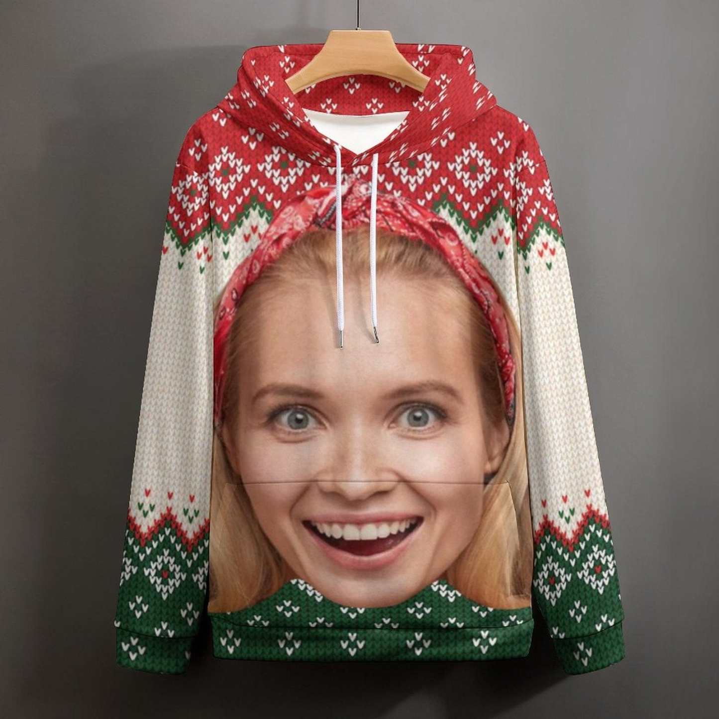 Custom Big Face Ugly Christmas Red&Green Hoodie Unisex Personalized Loose Hoodie Top Outfits - YesCustom