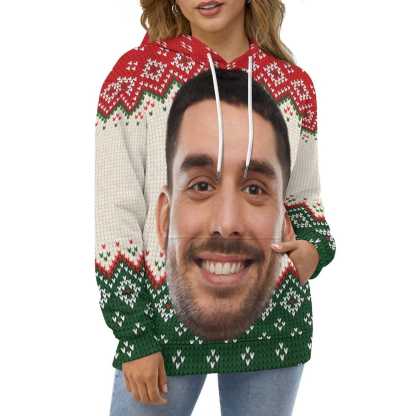 Custom Big Face Ugly Christmas Red&Green Hoodie Unisex Personalized Loose Hoodie Top Outfits - YesCustom