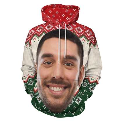 Custom Big Face Ugly Christmas Red&Green Hoodie Unisex Personalized Loose Hoodie Top Outfits - YesCustom