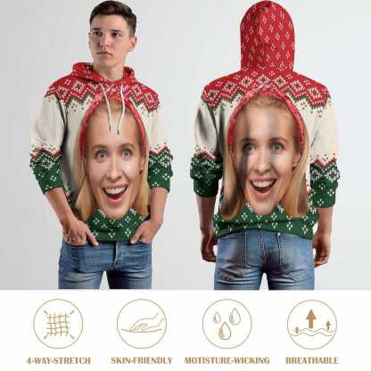 Custom Big Face Ugly Christmas Red&Green Hoodie Unisex Personalized Loose Hoodie Top Outfits - YesCustom