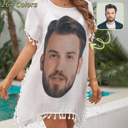 Custom Big Face White Crewneck Tassel Bikini Cover Up Swimsuits Beach Bathing Suit - YesCustom