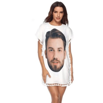 Custom Big Face White Crewneck Tassel Bikini Cover Up Swimsuits Beach Bathing Suit - YesCustom