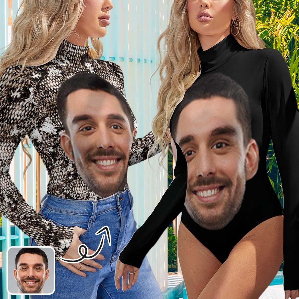 Custom Big Face Women's Bodysuit with Face Personalized Turtleneck Long Sleeve Slim Fit T Shirts Body Suits Jumpsuit for Women Girls - YesCustom