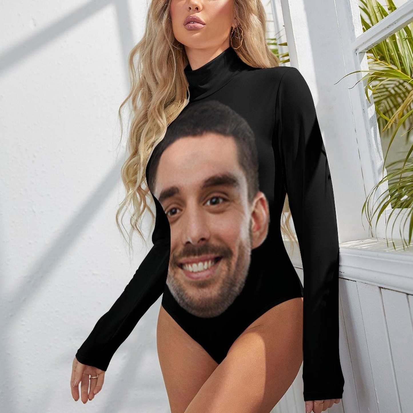 Custom Big Face Women's Bodysuit with Face Personalized Turtleneck Long Sleeve Slim Fit T Shirts Body Suits Jumpsuit for Women Girls - YesCustom