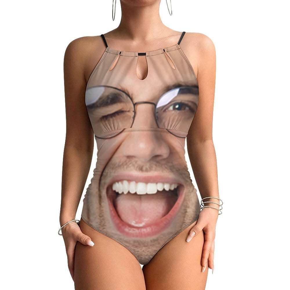 Custom Big Funny Face Swimsuit Personalized Women's One Piece Backless Tie Swimsuit Face Bathing Suit - YesCustom