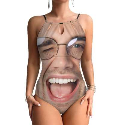 Custom Big Funny Face Swimsuit Personalized Women's One Piece Backless Tie Swimsuit Face Bathing Suit - YesCustom