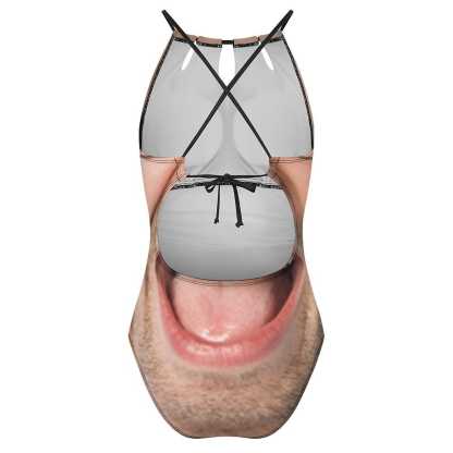 Custom Big Funny Face Swimsuit Personalized Women's One Piece Backless Tie Swimsuit Face Bathing Suit - YesCustom