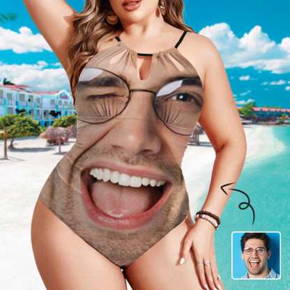 Custom Big Funny Face Swimsuit Personalized Women's One Piece Backless Tie Swimsuit Face Bathing Suit - YesCustom