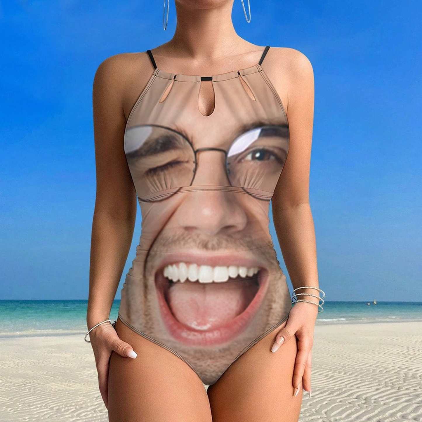 Custom Big Funny Face Swimsuit Personalized Women's One Piece Backless Tie Swimsuit Face Bathing Suit - YesCustom