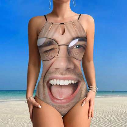 Custom Big Funny Face Swimsuit Personalized Women's One Piece Backless Tie Swimsuit Face Bathing Suit - YesCustom