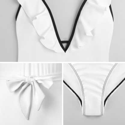 Custom Big Funny Face V Neck Ruffle One Piece Swimsuit Sexy Belt Custom Picture Bathing Suit Tie Back - YesCustom