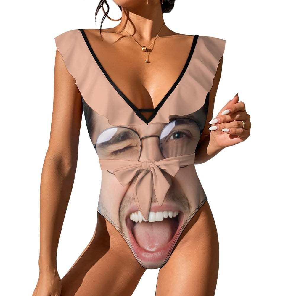 Custom Big Funny Face V Neck Ruffle One Piece Swimsuit Sexy Belt Custom Picture Bathing Suit Tie Back - YesCustom