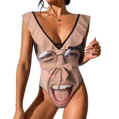Custom Big Funny Face V Neck Ruffle One Piece Swimsuit Sexy Belt Custom Picture Bathing Suit Tie Back - YesCustom