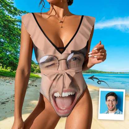 Custom Big Funny Face V Neck Ruffle One Piece Swimsuit Sexy Belt Custom Picture Bathing Suit Tie Back - YesCustom