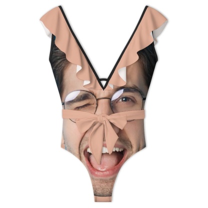 Custom Big Funny Face V Neck Ruffle One Piece Swimsuit Sexy Belt Custom Picture Bathing Suit Tie Back - YesCustom